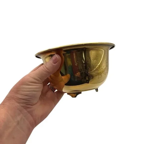Vtg Etched Brass Bowl Birds Footed Dual-Sided Planter 1960s Decor MCM 3.5"T 6"D - Picture 10 of 10
